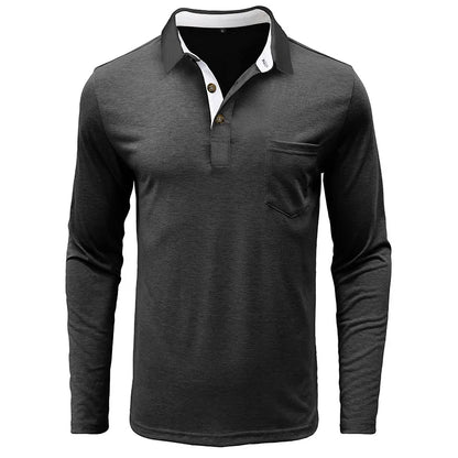 Spring Trend Men's Long Sleeve Casual Tshirt Solid Lapel Button Up Pullover Tops Autumn Turn Down Collar Bottoming Polo Shirt