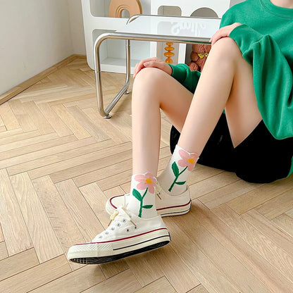 Women Socks Flower Rabbit Pattern Cute Kawaii Japanese Korean Style Cotton Harajuku Funny Breathable Casual Spring Floral Socks