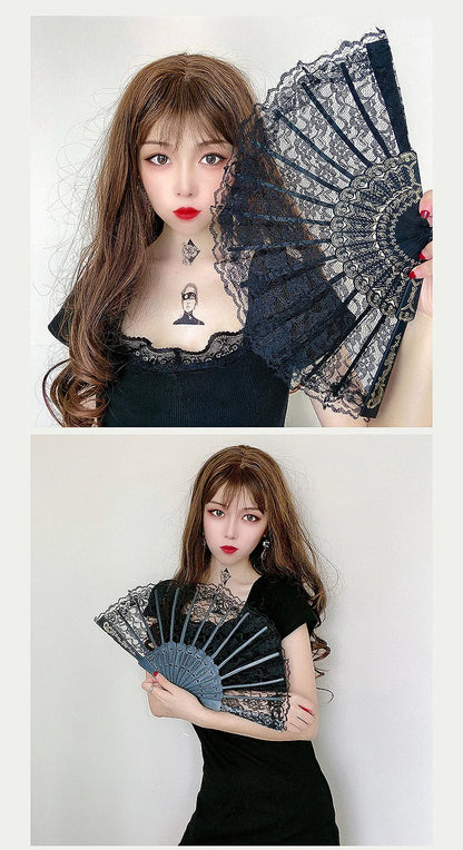 Retro Sexy Lace Fan Summer Dance Performance Photography Photo Props Portable Folding Hand Fan Decorative Fan Chinese Dance Fan