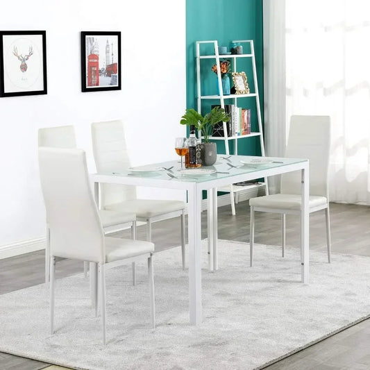 4-piece white restaurant chair set, PU leather, sturdy legs, waterproof seat, high back soft cushion