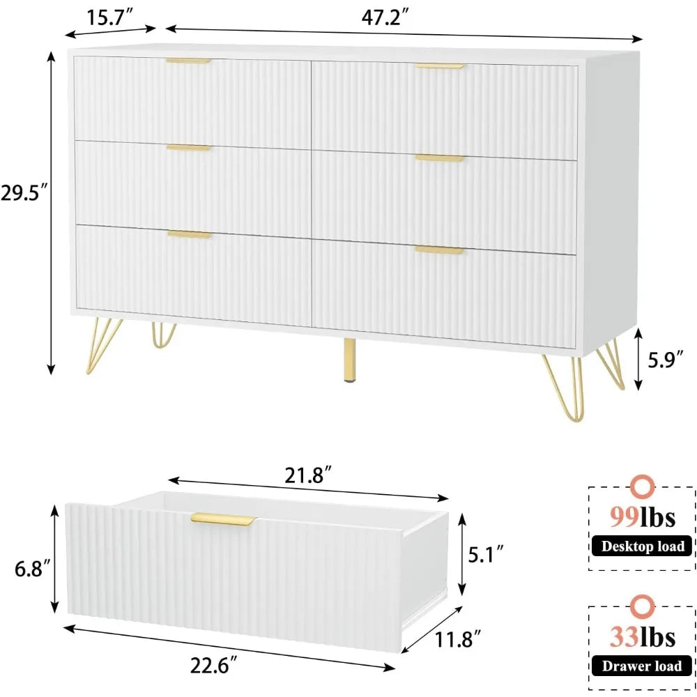 White dresser for bedroom, 6-drawer wooden dresser with gold handles, modern dresser and locker drawer chest