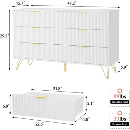 White dresser for bedroom, 6-drawer wooden dresser with gold handles, modern dresser and locker drawer chest