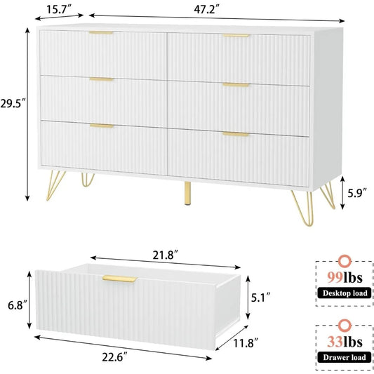 White dresser for bedroom, 6-drawer wooden dresser with gold handles, modern dresser and locker drawer chest