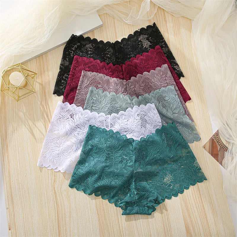 FINETOO 4pcs Lace Floral Boyshorts Underwear for Women Sexy Hollow Out Solid Panties Female Low-Waist Breathable Girls Lingerie
