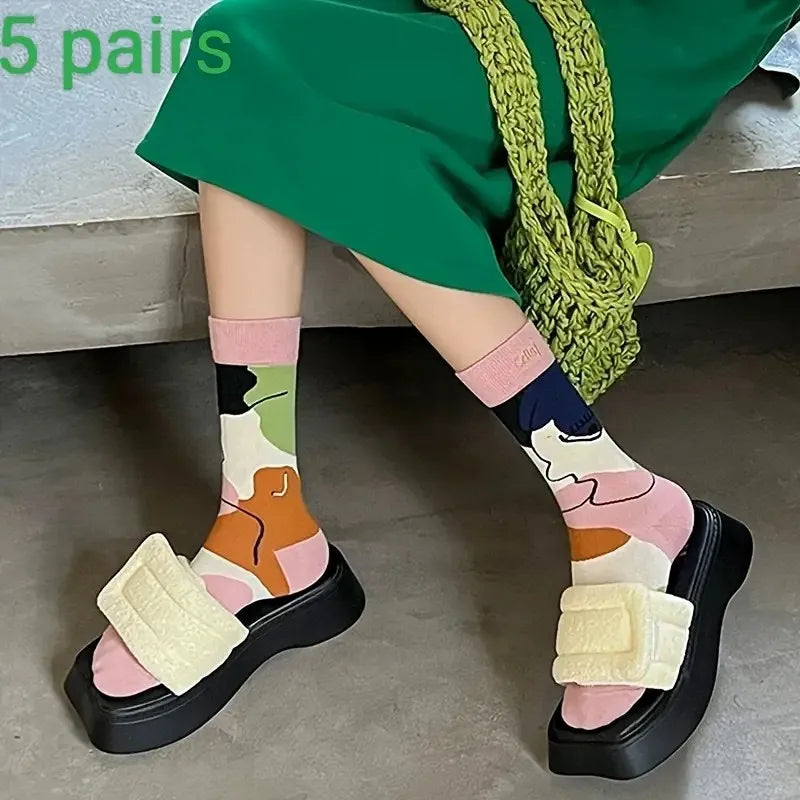 5 Pairs Elegant Cartoon Graffiti Women Tube Socks Fashionable Oil Painting Art Printing Soft Comfortable Breathable Casual Socks