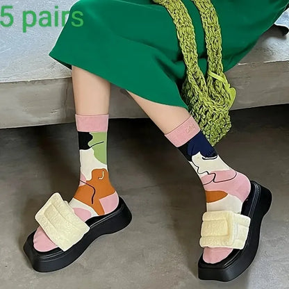 5 Pairs Elegant Cartoon Graffiti Women Tube Socks Fashionable Oil Painting Art Printing Soft Comfortable Breathable Casual Socks
