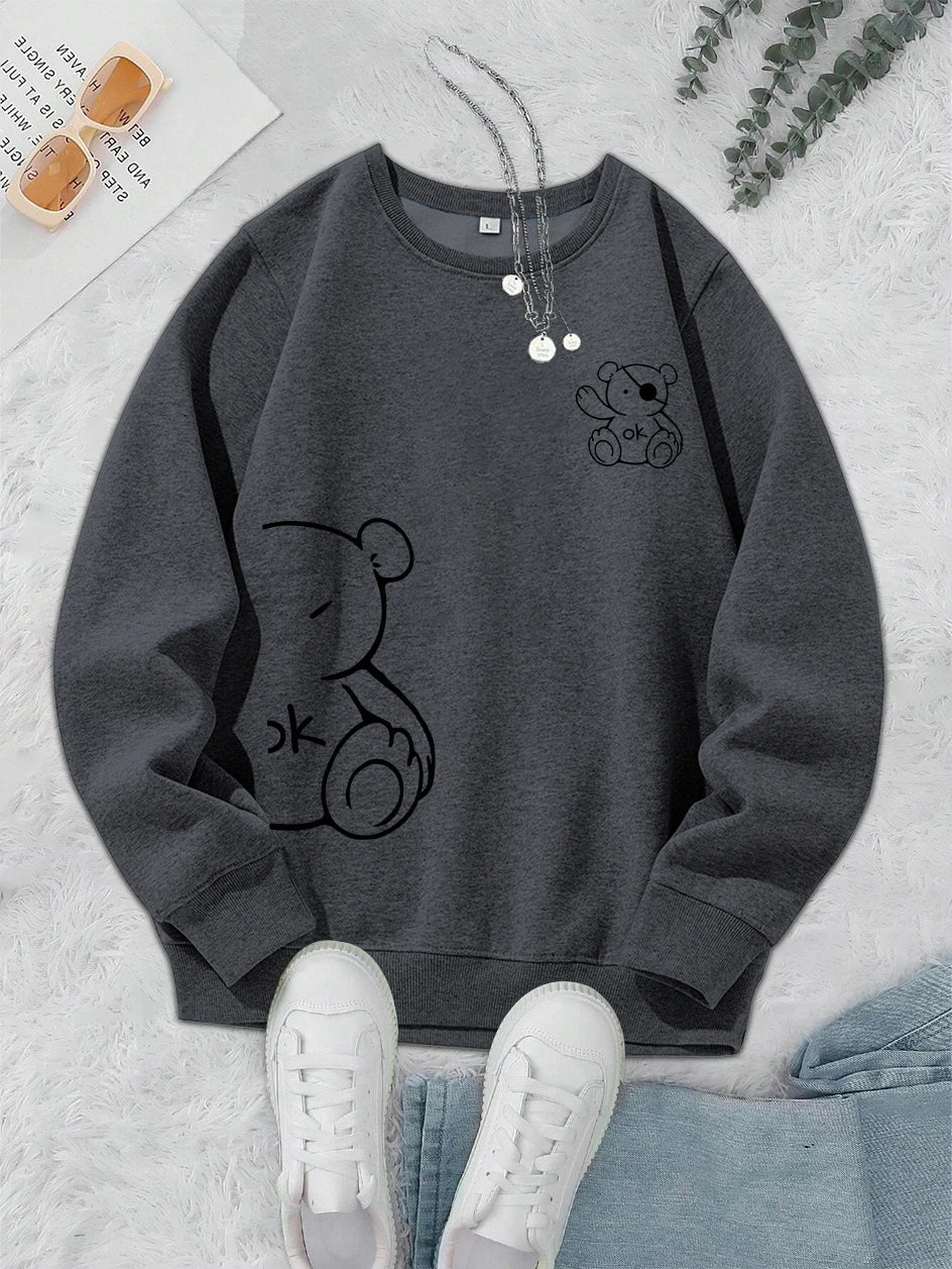 Kawaii OK Teddy bear Printing Sweatshirts For Women Classic Retro Fashion Hoodies Fleece Warm Casual Clothes Loose Sportswear