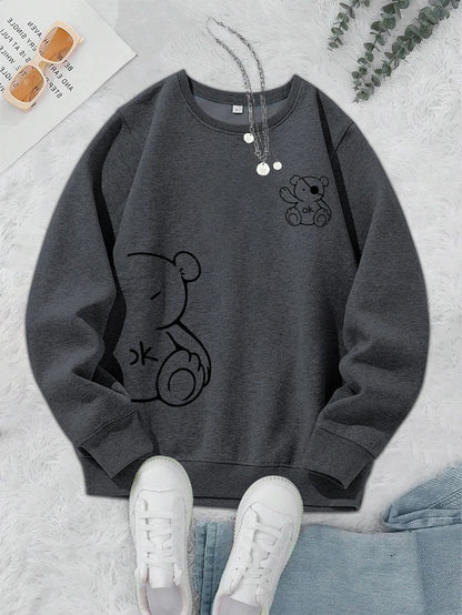 Kawaii OK Teddy bear Printing Sweatshirts For Women Classic Retro Fashion Hoodies Fleece Warm Casual Clothes Loose Sportswear