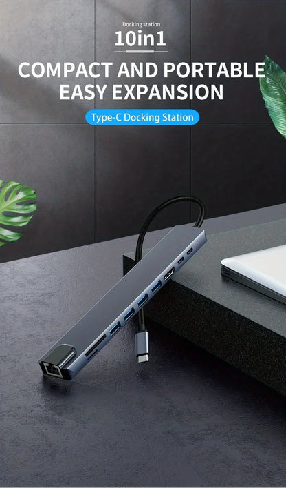 10 in 1 USB C HUB 4K30Hz Docking Station Type C to HDTV-Compatible RJ45 Ethernet PD100W for MacBook iPad Huawei Sumsang Phone
