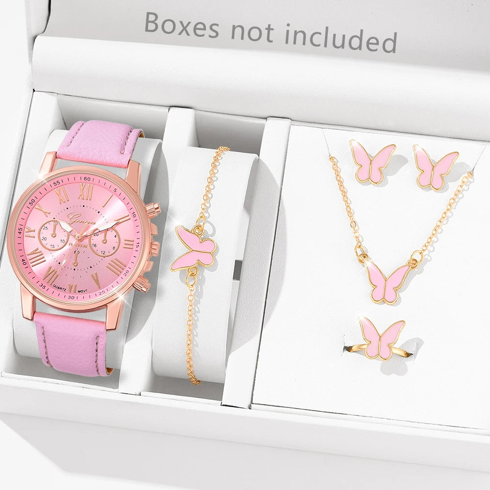 Pink 6PCS/Set Women Watch Roman Numeral Dial Quartz Wristwatch PU Leather Strap Watch Heart Diamond Jewelry Set Gift For Her