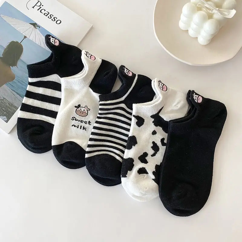 5 Pairs Funny Cow Print Socks Cute Fashion Cartoon Low Cut Ankle Socks For Women And Men