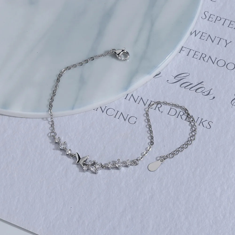 VENTFILLE 925 Sterling Silver Diamond-Studded Butterfly Bracelet Women's Fashion Temperament Flower Adjustable Bracelet
