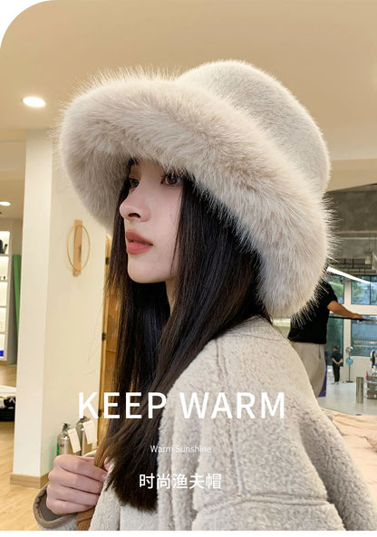 2024 Fluffy Faux Fur Bucket Hats Women Rabbit Fur Warm Thick Plush Winter Hat Lady Fashion Luxury Panama Furry Fisherman Cap Y2k
