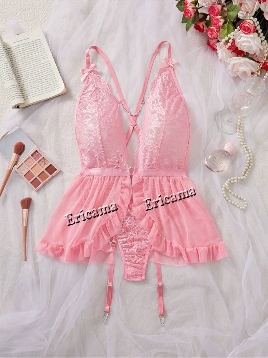 Thin Style Sexy Lingerie Set Contrast Lace Ruffle Trim Lingerie Set Deep V Slip Dress Women's Sexy Lingerie Lencería Mujeres