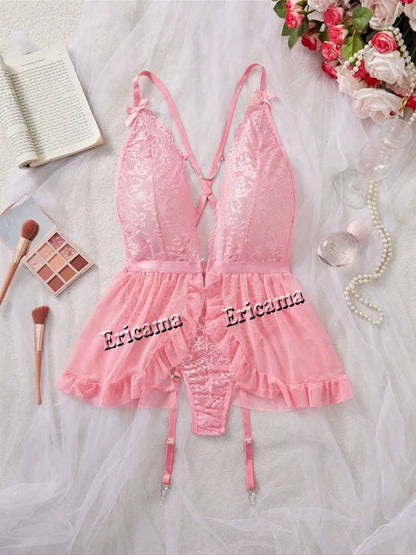 Thin Style Sexy Lingerie Set Contrast Lace Ruffle Trim Lingerie Set Deep V Slip Dress Women's Sexy Lingerie Lencería Mujeres