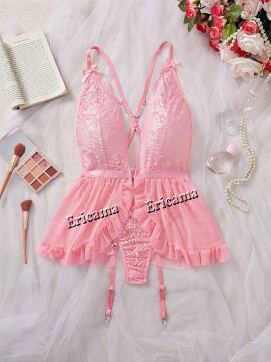 Thin Style Sexy Lingerie Set Contrast Lace Ruffle Trim Lingerie Set Deep V Slip Dress Women's Sexy Lingerie Lencería Mujeres