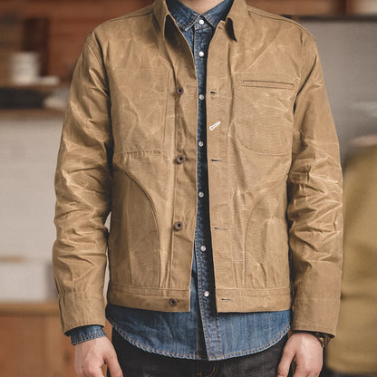 Maden Vintage Men's Canvas Oil Wax Jackets Khaki Multi-pocket Lapel Collar Single-breasted Jacket Windbreaker for Male Outwear