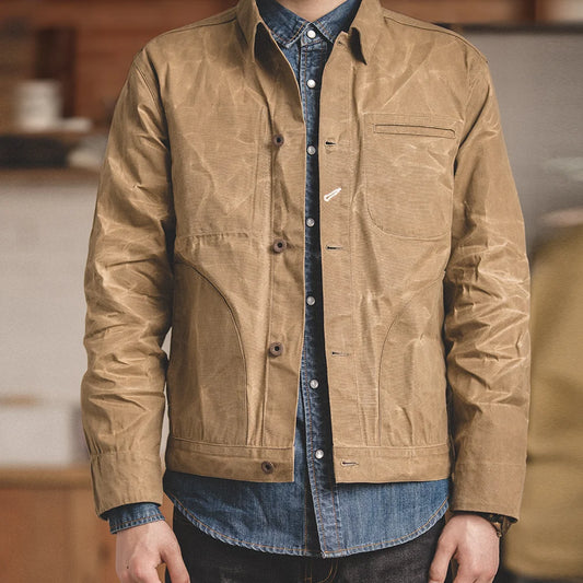 Maden Vintage Men's Canvas Oil Wax Jackets Khaki Multi-pocket Lapel Collar Single-breasted Jacket Windbreaker for Male Outwear