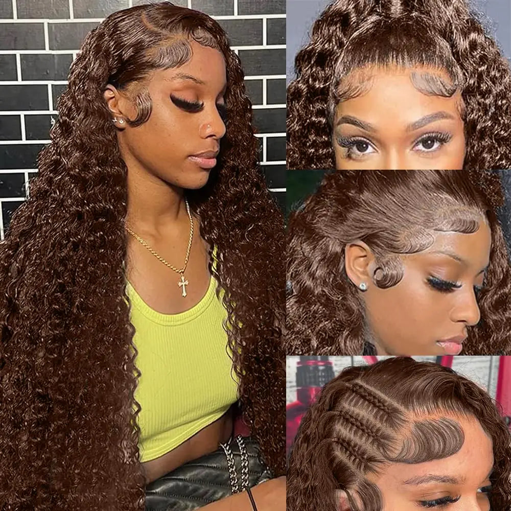 200% Chocolate Brown Deep Wave Human Hair Wig 30 34Inch Transparent Lace Frontal Wigs For Women 13x6 Lace Front Water Curly Wigs