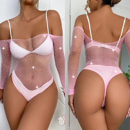 See-through Women's Underwear Fishnet Bodysuit Sparkle Rhinestone Mesh Tight Teddys Porn Sexy Lingerie Body Suit Erotic Costumes