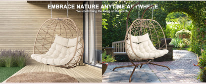 Outdoor Egg Swing Chair with Stand, 2 Person Patio Swing Chairs with Thick Cushions and Pillows, Wicker Double Egg Chair Swing