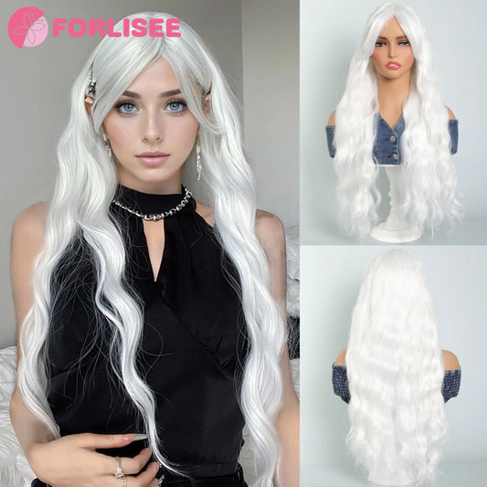 Long Water Wave Wig with Bangs White Colorful Cosplay Wig for Women Daily Party Natural Soft Synthetic Hair Heat Resistant