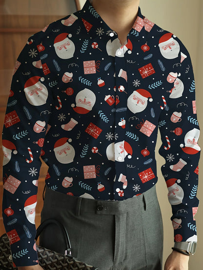 Christmas Festival Theme Men's 3D Printed Formal Shirts Christmas Tree Santa Claus Graphic Long Sleeve Shirt Fashion Men's Shirt