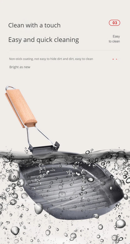Foldable Portable Frying Pan Picnic Grill Pan Anti-scald Wooden Handle Outdoor Grill Pan Double Mouth Steak Pan(No Lid)