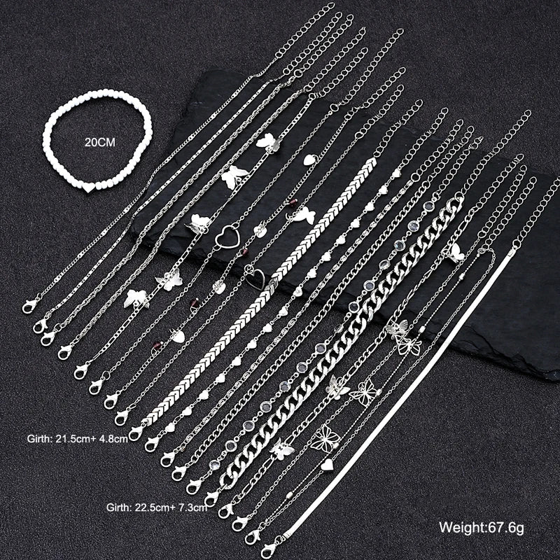 20 Pcs/Set Fashion Metal Butterfly Heart Pendant Anklets Set Bohemia Vintage Pearl Foot Bracelet Beach Woman Jewelry Gifts 2024