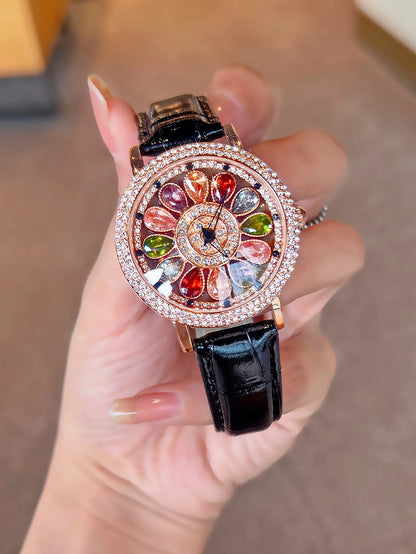1pc Dazzling And Fashionable Women's Quartz Watch With Colorful Rhinestone Inlay, Featuring An Alluring Rotatable Dial, Durable