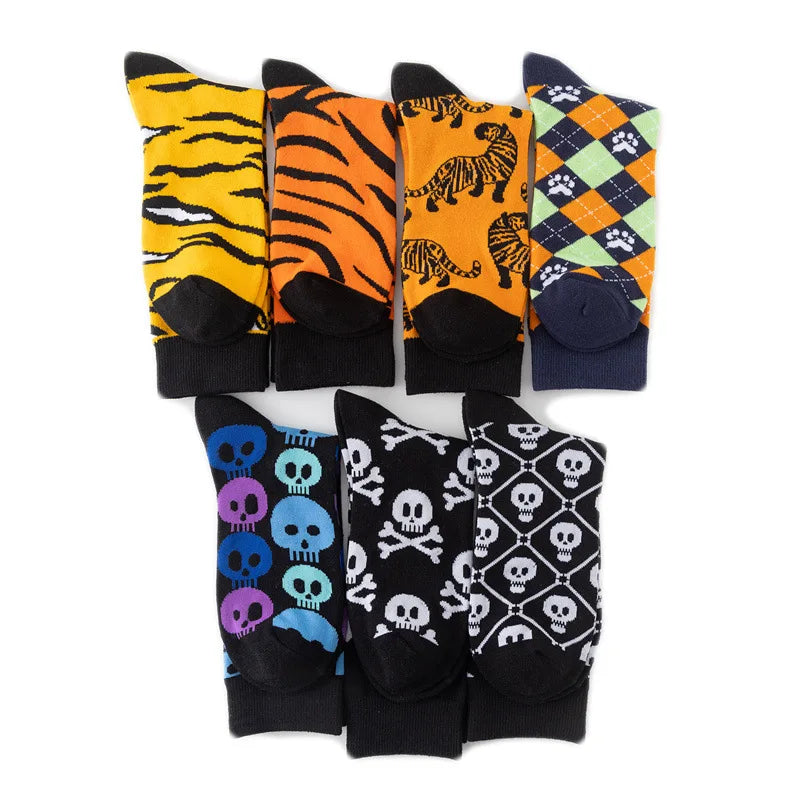 1 Pairs New Funky Skull Socks Men Tiger Cartoon Alien Novelty Hip Hop Orange Crazy Trend Socks Gift