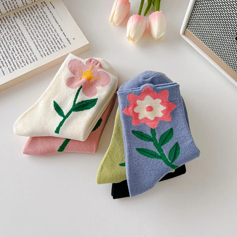 Women Socks Flower Rabbit Pattern Cute Kawaii Japanese Korean Style Cotton Harajuku Funny Breathable Casual Spring Floral Socks
