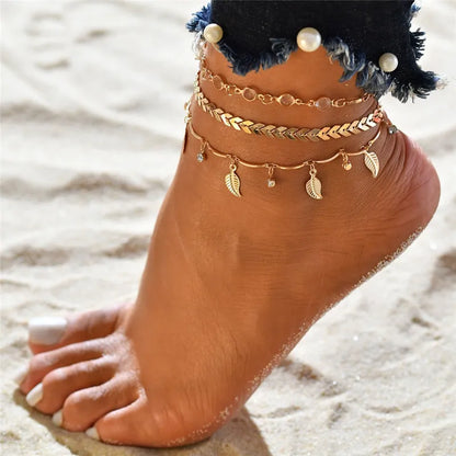 VAGZEB 2024 New Bohemia Handcuffs Anklet Multilayer Silver Color Foot Chain Fashion Ankle Bracelet For Women Beach Jewelry