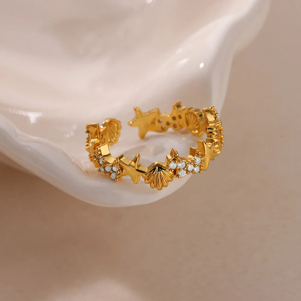 Dainty Zircon Shell Starfish Turtle Evil Eye Rings Stainless Steel Ring Women Anti Fading Golden Charm Jewelry Accessories Gifts