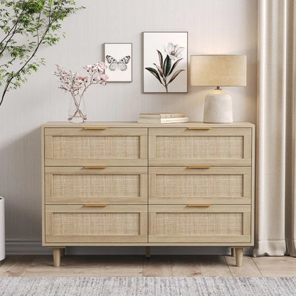 Rattan Dresser for Bedroom, 6 Drawer Wide Dresser, Boho&Farmhouse Chest of Drawers, 43" Clothes Storage Cabinet, Metal Handle