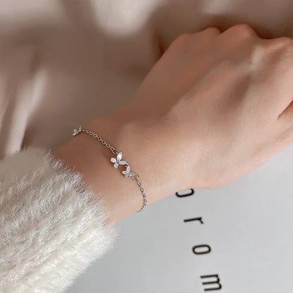 VENTFILLE 925 Sterling Silver Diamond-Studded Butterfly Bracelet Women's Fashion Temperament Flower Adjustable Bracelet