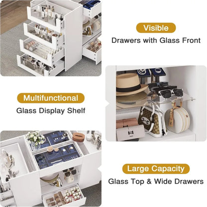 Closet Island with Drawers, Wardrobe Armoire Bedroom Island, Glass Display Shelf & 12 Drawers, White Dresser with Glass Top