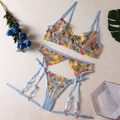 Ellolace Lingerie Sensual Lace Underwear Transparent Embroidery 3-Piece Garters Fancy Beautiful Short Skin Care Kits Intimate