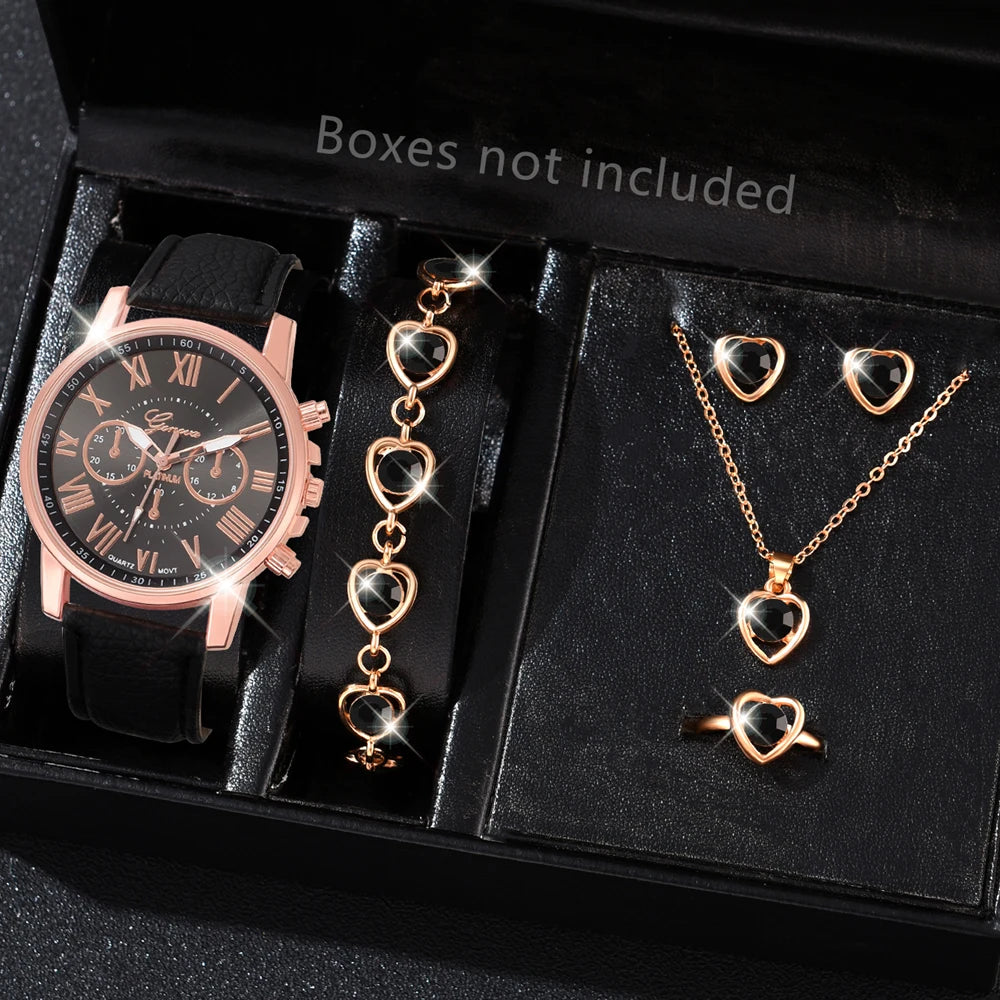 Pink 6PCS/Set Women Watch Roman Numeral Dial Quartz Wristwatch PU Leather Strap Watch Heart Diamond Jewelry Set Gift For Her