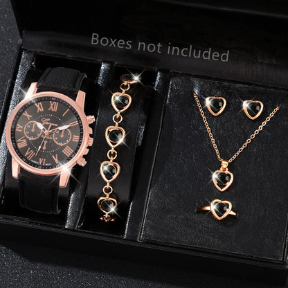 Pink 6PCS/Set Women Watch Roman Numeral Dial Quartz Wristwatch PU Leather Strap Watch Heart Diamond Jewelry Set Gift For Her