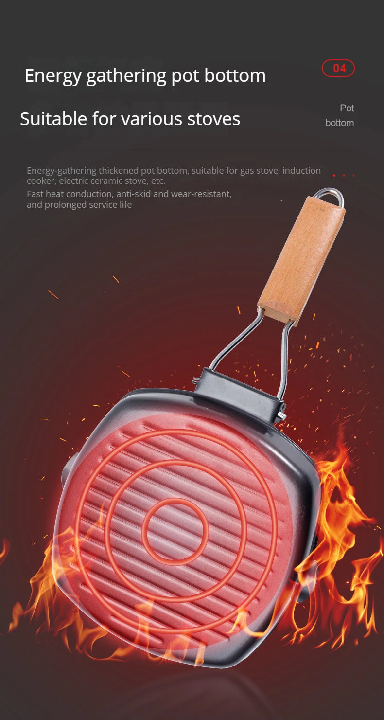 Foldable Portable Frying Pan Picnic Grill Pan Anti-scald Wooden Handle Outdoor Grill Pan Double Mouth Steak Pan(No Lid)