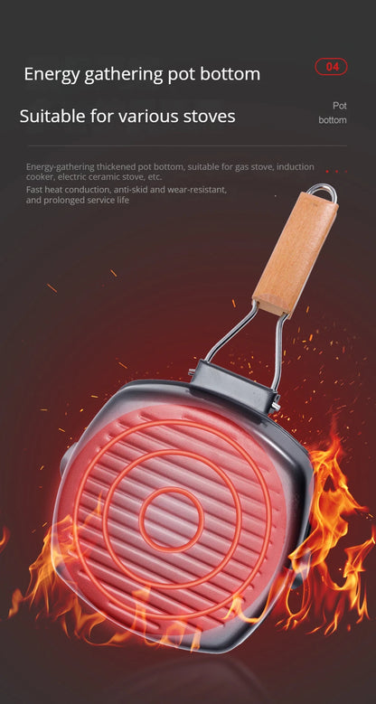 Foldable Portable Frying Pan Picnic Grill Pan Anti-scald Wooden Handle Outdoor Grill Pan Double Mouth Steak Pan(No Lid)