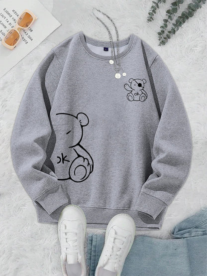 Kawaii OK Teddy bear Printing Sweatshirts For Women Classic Retro Fashion Hoodies Fleece Warm Casual Clothes Loose Sportswear