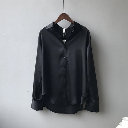 Spring Fashion Button Up Satin Silk Shirt Vintage Blouse Women White Tops Lady Long Sleeves Female Loose Street Shirts 11355