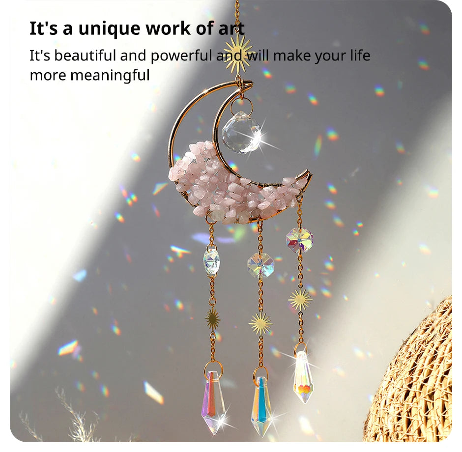 1 Piece Rainbow Made Crystal Suncatcher, Raw Stone Moon Home Decor for Garden Bedroom Balcony Pendant
