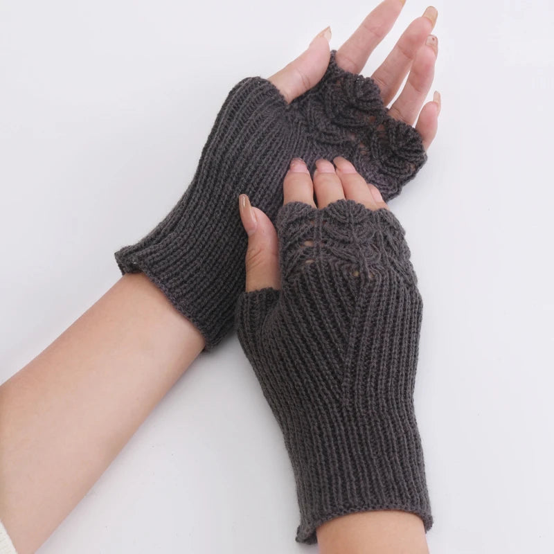 Women Winter Fingerless Gloves Warm Soft Wool Knitted Mittens Elegant Wrist Arm Hand Half Finger Elastic Short Gloves Guantes