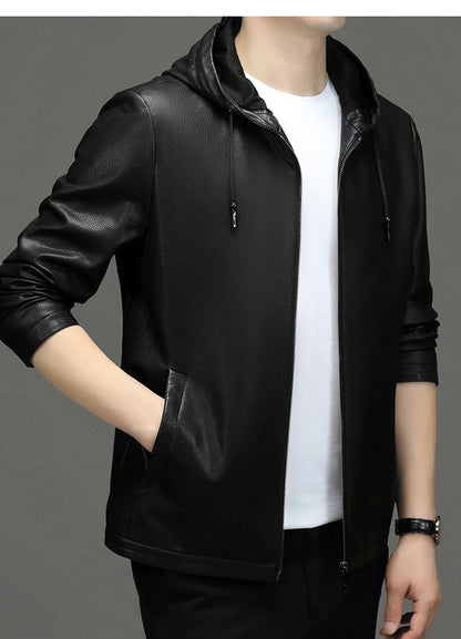 2024 High Quality Hooded Leather Fashion Handsome Trend Solid Color Casual Dad Dad Motorcycle Leather Jacket Upscale  M-4XL
