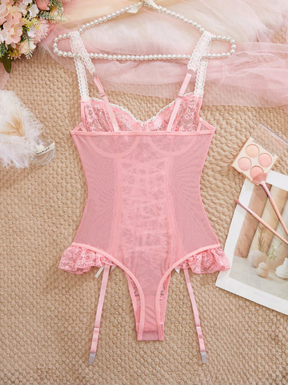 Ellolace Fancy Lace Bodysuit With Long Stocking Lace Up Onlyfan Body Suit Girly Pink Sexy Dames Sexy Top Sissy Lingerie