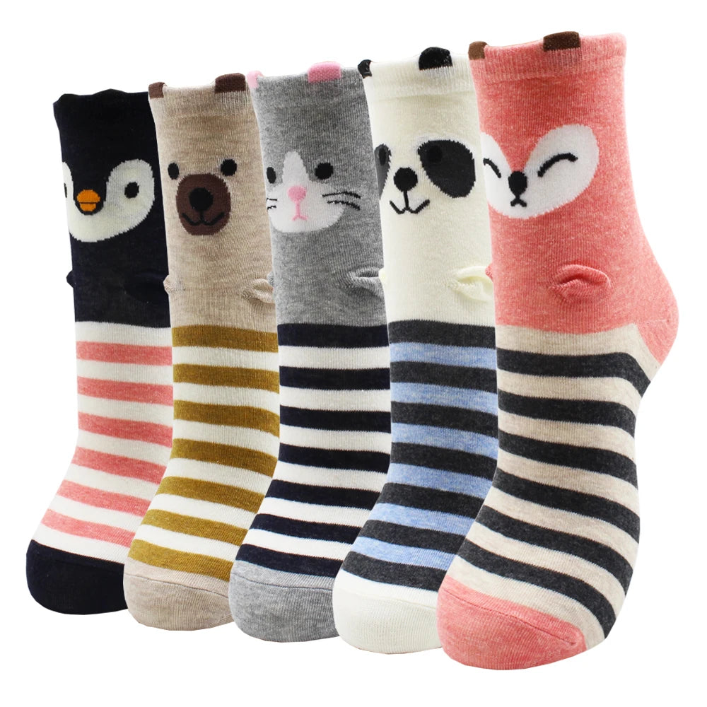 5 Pairs New Fashion Colorful Harajuku Korean Kawaii Cute Women Socks Cat Dog Owl Stripe Avocado Girl Cotton Cartoon Socks