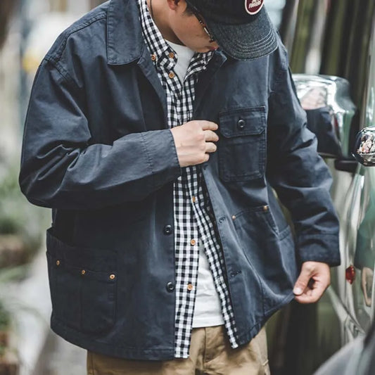 Maden Retro French Jacket Multi-Pocket Lapel Navy Heavyweight Single-breasted Hunting Coat for Men's Spring and Autumn Tops